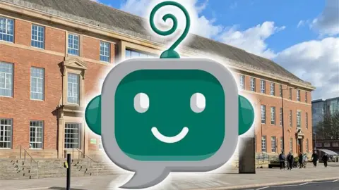 AI Robot Darcie in front of Derby City Council house