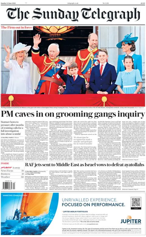 The front page of the Sunday Telegraph. A picture shows Queen Camilla, King Charles, Prince William, Princess Catherine, Prince George, Princess Charlotte and Prince Louis on the balcony at Buckingham Palace. Separately, a headline reads "PM caves in on grooming gangs inquiry".