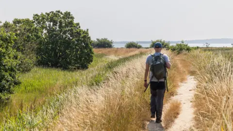 A man wearing a hat and carrying a rucksack walks towards the water along a path, across a field with long grass and bordered by trees on one side. It is a sunny day.