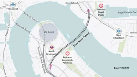 Transport for London A colour map showing the route of the Silvertown tunnel with a bold, black dotted line across the Thames