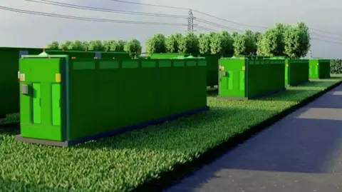 An artist's impression of how the battery park could look, which includes various light green shipping container style buildings in a row