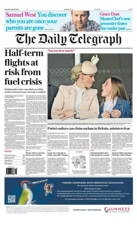 The headline on the front page of the Daily Telegraph reads: "Half-term flights at risk from fuel crisis."