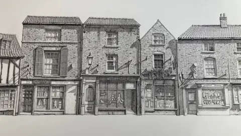 A section of the drawing highlighting Steep Hill. The drawing shows each brick of the buildings and each tile of every roof. Shop fronts include a clothing shop called Cahoots, a pet shop called Top to Tail and Barney's Pizza