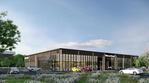 An artists impression showing the new service station main building and a petrol station canopy