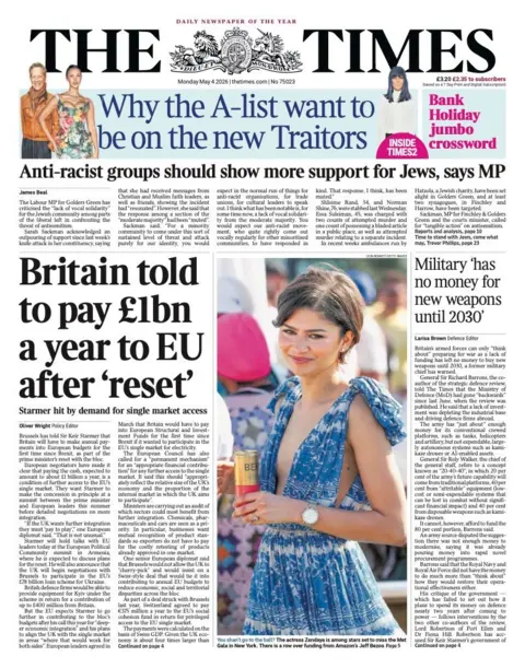 The headline on the front page of the Times reads: "Britain told to pay £1bn a year to EU after 'reset'."