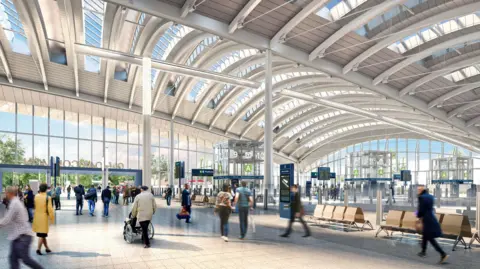 HS2 Ltd A computer image shows a large, airy station with curved beams and glass, with passengers moving around.