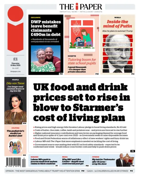 The headline on the front page of the Daily Star reads: "UK food and drink prices set to rise in blow to Starmer's cost of living plan".