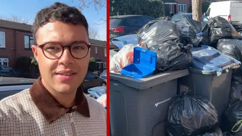 A composite image showing a BBC reporter on the left and piles of rubbish on the right.