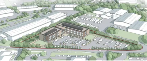 An artist's impression of a medical centre, on an industrial estate, showing a brown building, surrounded by grey buildings, with parking spaces.