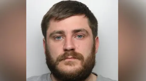 A man in his late twenties with short brown hair and a thick beard. He has blue eyes and is wearing a grey t-shirt and staring into the camera.