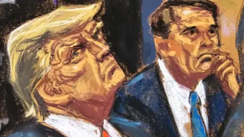 A sketch of Donald Trump and defence lawyer Todd Blanche in court