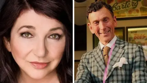 A composite image showing Kate Bush smiling at the camera. She has dark brown hair and eyes, alongisde a photograph of Matthew Upham looking towards the camera smiling. He is wearing a grey and brown tweed suit and a brown tie. He has brown curly hair.