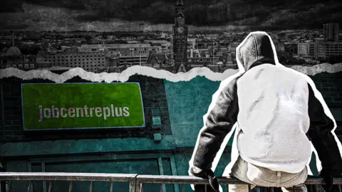 A graphic showing Bradford's cityscape in the background and a photo of a young person sat outside the Job Centre.