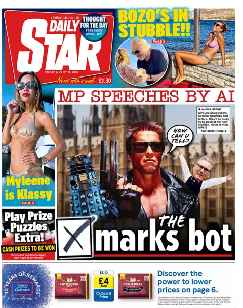 Daily Star front page with headline "X marks the bot". It has an edited picture of Arnold Schwarzenegger as the Terminator saying "how can u tell?", with Sir Keir Starmer in his pocket raising his hands in the air and a dalek next to him. The Palace of Westminster is behind them