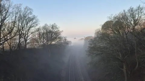 Vikki Irwin/BBC A view above a railway line on a misty morning. Tall trees line the railway tracks. 