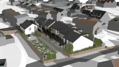 Riva Architects Architectural drawing that shows seven two storey terraced buildings on the site complete with balconies, car parking spaces and planted gardens.