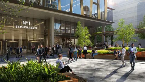 Restless CGI of the exterior of the proposed office block development with a white sign saying No 1 St Michael's. People are milling about outside the building - some walking others seated on the seating on a sunny day. 