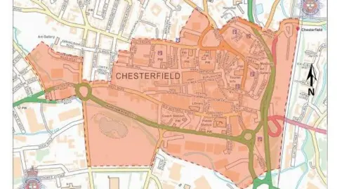 Chesterfield town centre safer neighbourhood team/Ordnance Survey A map provided by police which shows in red the area covered by the dispersal order
