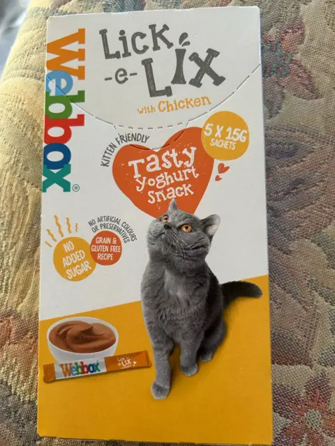 Byron Long Photo of packet of cat treats Mr Long brought from the B&M store. the packet shows a grey cat who is sat and looking up, next to an imagine of the cat treat. The top of the packet reads 'lick -e- lix'.