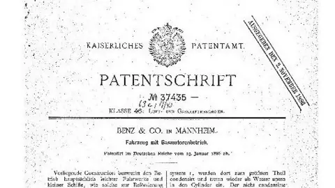 National Motor Museum The patent document for the Benz Patent-Motorwagen. The text is in German, with the title reading "Patentschrift". 