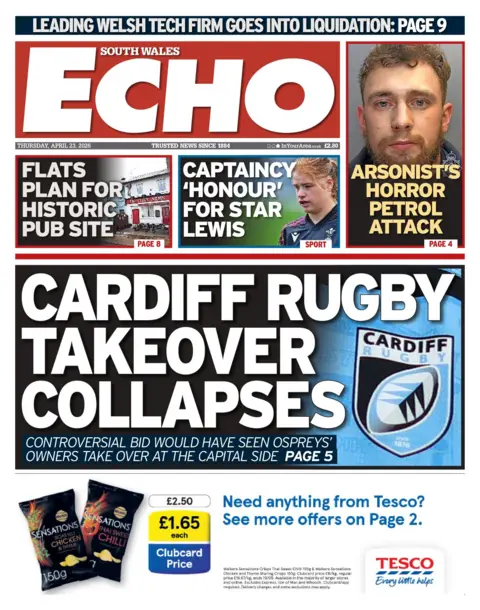 South Wales Echo The front page of South Wales Echo. The front page reads 'cardiff rugby takeover collapses'