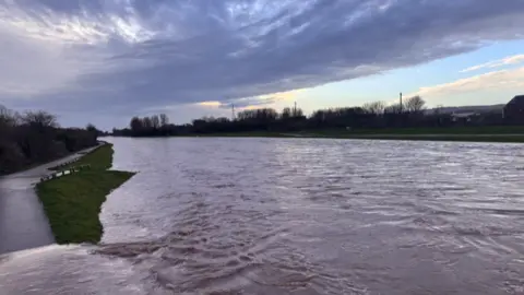 The River Exe overfilling on the land. 