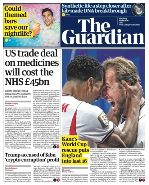 "US trade deal on medicines will cost the NHS £45bn" reads the headline on the front page of the Guardian.