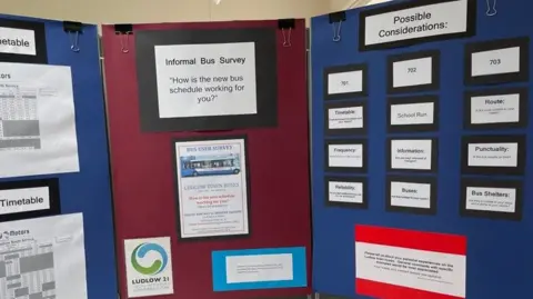Kim Holroyd Large felt boards used for the bus survey with sheets of information, including timetables, pinned to them.