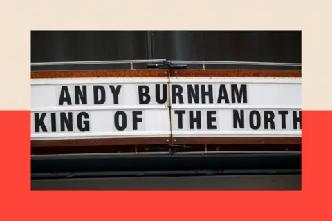 Reuters A sign placed over a bar which reads: "Andy Burnham, King of the North"