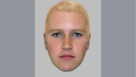 A Gloucestershire Police e-fit of a man wanted in connection with an attack on a girl in Stroud. He has short cropped blonde hair and dark eyes