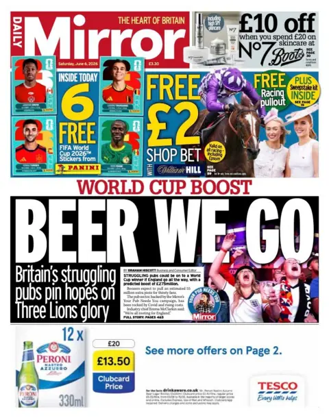 The Daily Mirror's headline reads 'Beer we go'