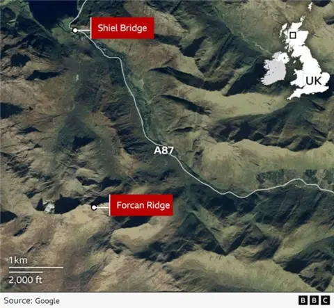 A map showing the UK and the locations of Shiel Bridge and Forcan Ridge.