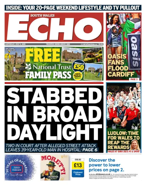 South Wales Echo South Wales Echo front page headline: Stabbed in broad daylight