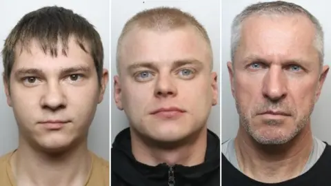 South Yorkshire Police Custody pictures of three men, shown side by side. Each man faces forward against a plain, light background. The first has short brown hair and wears a yellow top; the second has cropped hair and wears a dark top; the third has short grey hair, stubble, and wears a black and grey top.
