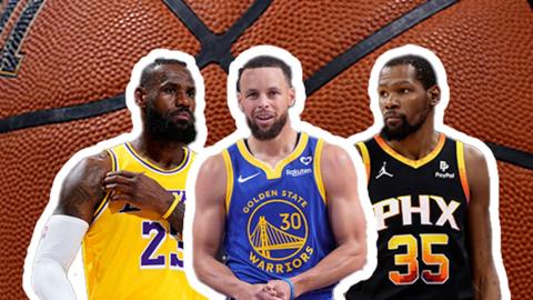 A composite image of LeBron James, Stephen Curry and Kevin Durant