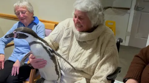 An elderly lady in a wheelchair is holding a penguin on her lap and looking delighted. She is wearing a very bulky cream cable-knit rollneck sweater. There is another lady to her right looking a little bemused.