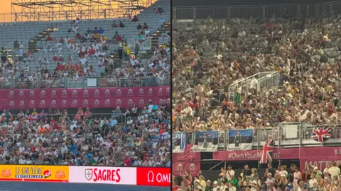 Simon Felton Two images of the crowd side by side, with many empty seats on the highest visible tier on the photo on the left. In contrast, the highest visible tier on the image on the right gives the impression of there being a more packed crowd in this area. 