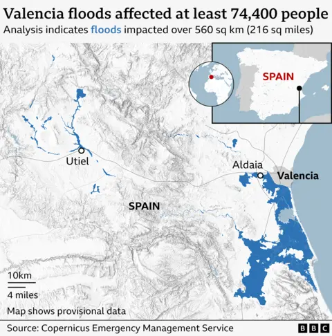 Map showing floods in Spain