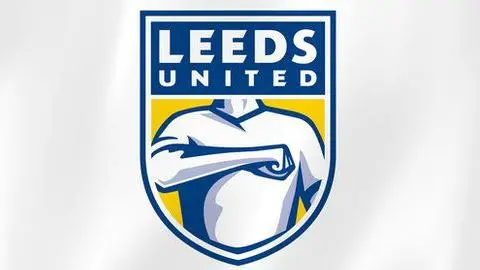 Leeds United A graphic of the Leeds United crest in 2018 which was ultimately scrapped. It has the club's name in a blue block and then the white torso of a cartoon person pumping their chest with one fist.