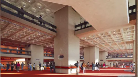 A computer-generated imagery (CGI) of Barbican Centre works. It shows the inside of the proposed Centre designs and has many people with an orange carpet and large concrete pillars. 