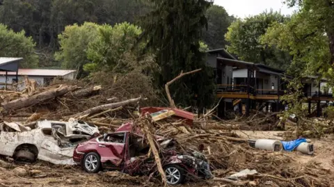 Reuters Fallen trees and debris on top of a crumpled red and white car. There is a house in the background largely intact.