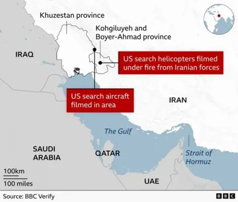 A map showing where US aircraft have been filmed in the search for a crew of a plane downed in Iran. It shows locations in the Khuzestan province and the Hohgiluyeh and Boyer-Ahmad province.