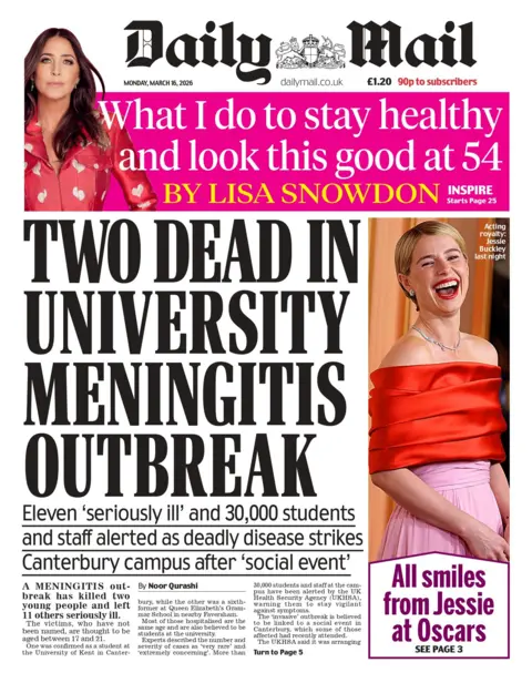 "Two dead in university meningitis outbreak" reads the headline on the front page of the Daily Mail.