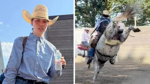 Two images. Left, a young woman dressed in a starw cowboy hat, blue shirt and jeans. She is holding a bottle of water stood next to a shed. Right, the same woman is riding a bucking horse in an outdoor ring. Another man on a horse is close by.