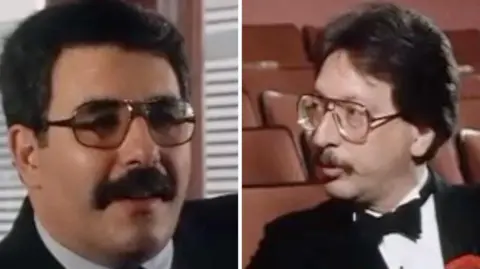 A composite image showing what the two men, both with moustaches and glasses, looked like in 1985.