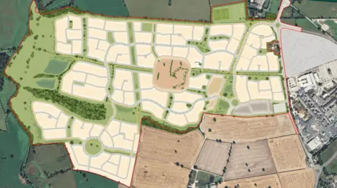 Cheshire Fresh Ltd An aerial view of land, showing fields marked out for potential housing and road locations.