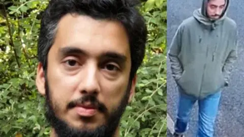 West Midlands Police Ali Durrani in two picture. He is an Asian man. He has thick black hair and a beard. He has a serious face and is against green bushes. On the right hand side there is a CCTV image of the last time he was seen. He is wearing a green raincoat with black jeans and lace up brown shoes.