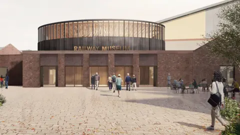 National Railway Museum An artist's digital impression of a large, paved square with red brick buildings surrounding it. One is a large, dome-like structure.