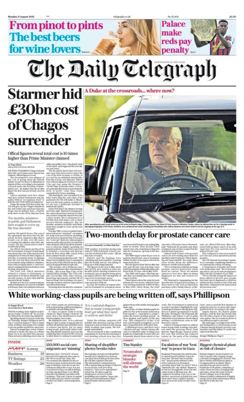 The headline on the front page of the Daily Telegraph reads: "Starmer hid £30bn cost of Chagos surrender".