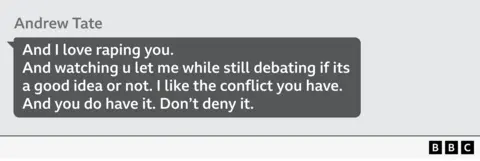 (Warning: disturbing content) Text from Andrew Tate to "Anna" reads: I love raping you. and watching u while still debating if its a good idea or not. I like the conflict you have. And you do have it. Don't deny it.